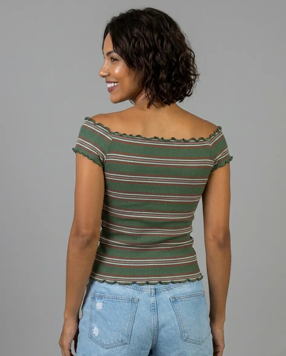 Striped Ribbed Off-Shoulder Top  Viva Rouss